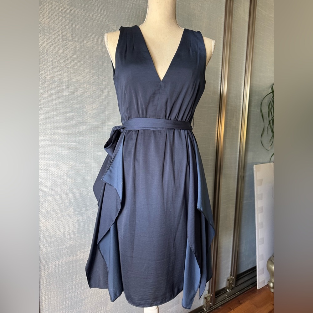 BCBG MAXAZRIA SIZE 0 Cahua Ruffle Belted Satin Dress , dark blue MSP $268